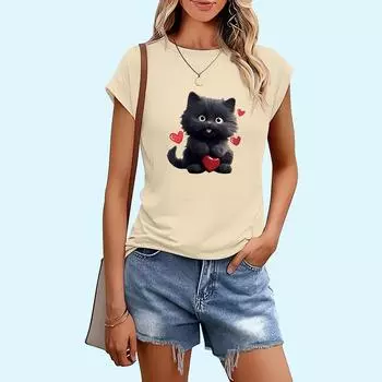 Женская модная футболка с принтом кота, весенне-летняя повседневная женская футболка с круглым вырезом и коротким рукавом S чёрный