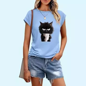 Женская модная футболка с принтом кота, весенне-летняя повседневная женская футболка с круглым вырезом и коротким рукавом S чёрный
