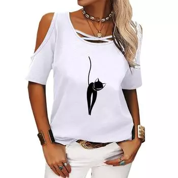 Женская модная футболка с принтом кота, женская летняя и осенняя, с круглым воротом, открытыми плечами, повседневная футболка с коротким рукавом S розовый