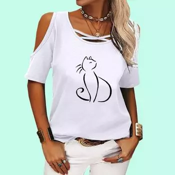 Женская модная футболка с принтом кота, женская, весна, лето и осень, круглый воротник, открытые плечи, повседневная футболка с коротким рукавом S розовый