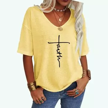 Женская модная футболка с принтом креста, свободный топ с V-образным вырезом, женская повседневная футболка с коротким рукавом S белый