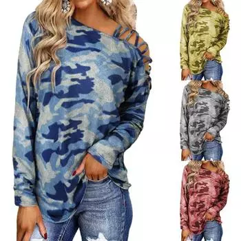 Женская модная футболка с принтом, круглым вырезом, длинными рукавами, камуфляжный пуловер XXXL синий