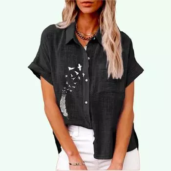 Женская модная футболка с принтом, летняя и осенняя повседневная футболка с воротником с лацканами, женская футболка на пуговицах, свободные блузки с короткими рукавами S белый