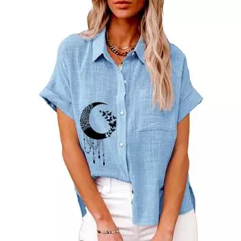 Женская модная футболка с принтом, летняя и осенняя футболка с коротким рукавом на пуговицах, женская повседневная футболка с воротником с лацканами, свободные блузки S белый