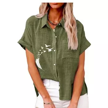 Женская модная футболка с принтом, летняя и осенняя футболка с коротким рукавом на пуговицах, женская повседневная футболка с воротником с лацканами, свободные блузки S белый