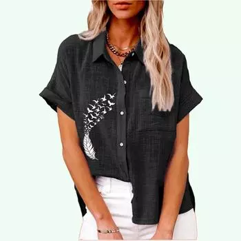 Женская модная футболка с принтом, летняя и осенняя повседневная футболка с воротником с лацканами, женская футболка на пуговицах, свободные блузки с короткими рукавами S белый