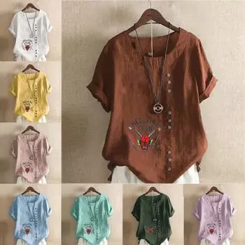 Женская модная футболка с принтом «Монстры» с круглым вырезом и коротким рукавом, повседневная рубашка из хлопка и льна с рисунком, свободная летняя блузка для отдыха, топы S розовый