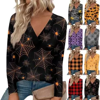 Женская модная футболка с принтом на Хэллоуин, большим V-образным вырезом, прямыми плечами, закругленным подолом и длинным рукавом S винный