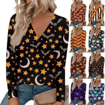 Женская модная футболка с принтом на Хэллоуин, большим V-образным вырезом, прямыми плечами, закругленным подолом и длинным рукавом XXL винный