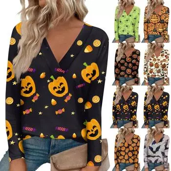 Женская модная футболка с принтом на Хэллоуин, большим V-образным вырезом, прямыми плечами, закругленным подолом и длинным рукавом XXL