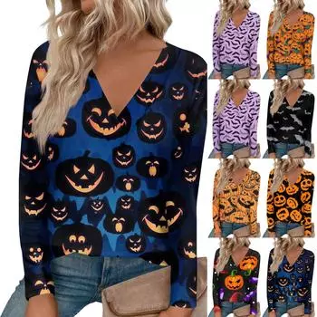 Женская модная футболка с принтом на Хэллоуин, большим V-образным вырезом, прямыми плечами, закругленным подолом и длинным рукавом S фиолетовый