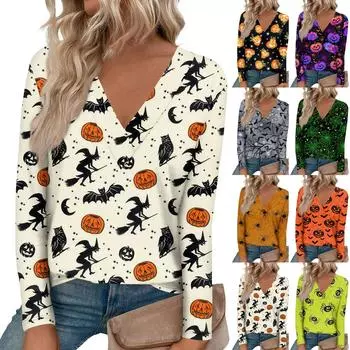 Женская модная футболка с принтом на Хэллоуин, большим V-образным вырезом, прямыми плечами, закругленным подолом и длинным рукавом XXL