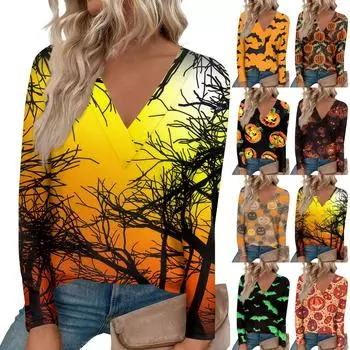 Женская модная футболка с принтом на Хэллоуин, большим V-образным вырезом, прямыми плечами, закругленным подолом и длинным рукавом XXXL