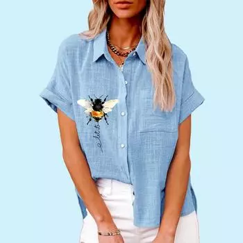 Женская модная футболка с принтом пчелы, летняя повседневная футболка с отворотом и карманом, осенняя футболка, женские свободные льняные блузки с короткими рукавами S белый