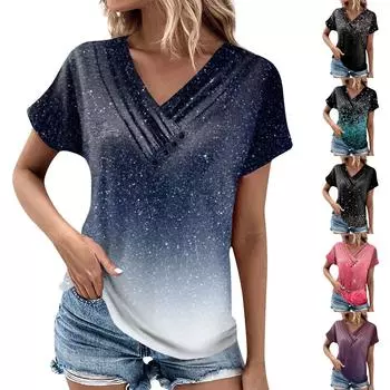 Женская модная футболка с принтом, плиссированный топ на пуговицах с V-образным вырезом и короткими рукавами L тёмно-синий
