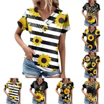 Женская модная футболка с принтом подсолнечника, плиссированный топ на пуговицах с v-образным вырезом и короткими рукавами L бежевый