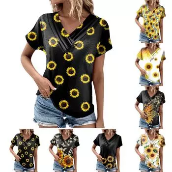 Женская модная футболка с принтом подсолнечника, плиссированный топ на пуговицах с v-образным вырезом и короткими рукавами L бежевый