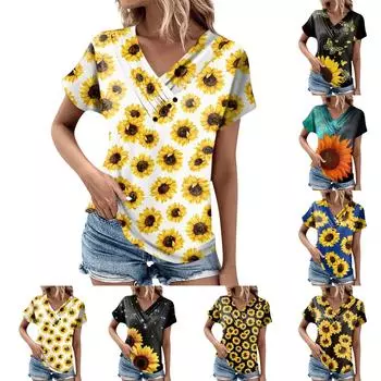 Женская модная футболка с принтом подсолнечника, плиссированный топ на пуговицах с v-образным вырезом и короткими рукавами L чёрный