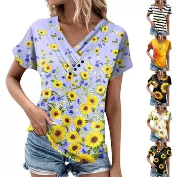 Женская модная футболка с принтом подсолнечника, плиссированный топ на пуговицах с v-образным вырезом и короткими рукавами L чёрный