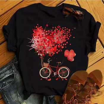Женская модная футболка с принтом розы, повседневная, с короткими рукавами, летняя, 2025, с круглым вырезом, простая уличная женская одежда S