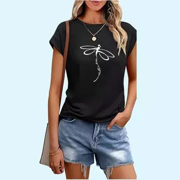 Женская модная футболка с принтом стрекозы, весенне-летняя повседневная женская футболка с круглым воротником S чёрный