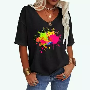 Женская модная футболка с принтом, свободная, летняя, с V-образным вырезом, женская повседневная футболка с коротким рукавом S белый