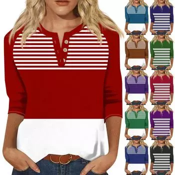 Женская модная футболка с принтом, V-образным вырезом, застежкой на пуговицы и рукавами длиной семь четвертей XXXXL