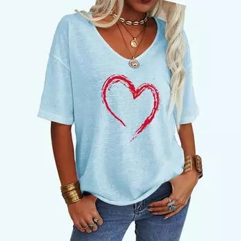 Женская модная футболка с принтом в виде сердца, повседневная свободная футболка с коротким рукавом и V-образным вырезом S белый