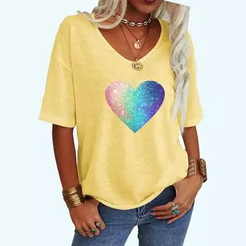 Женская модная футболка с принтом в виде сердца, повседневная свободная футболка с коротким рукавом и V-образным вырезом S белый