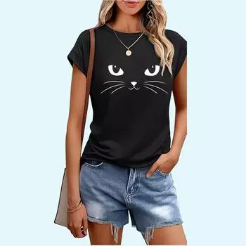 Женская модная футболка с принтом, весна-лето, повседневный топ с круглым вырезом, женская футболка с коротким рукавом S чёрный