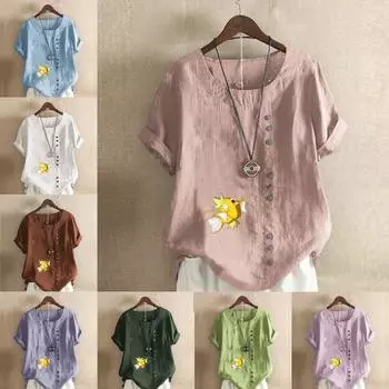 Женская модная футболка с принтом «Золотая рыбка» с круглым вырезом и коротким рукавом, повседневная рубашка из хлопка и льна с рисунком, свободная летняя блузка для отдыха, топы S розовый