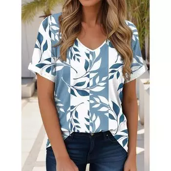 Женская модная футболка с рисунком растений, модные короткие рукава, V-образный вырез, обычные топы, повседневные футболки с принтом, лето 2025 года, повседневные топы Y2K S
