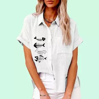 Женская модная футболка с рыбным принтом, повседневная летняя и осенняя футболка с воротником с лацканами, женские свободные льняные блузки с короткими рукавами и карманом S белый