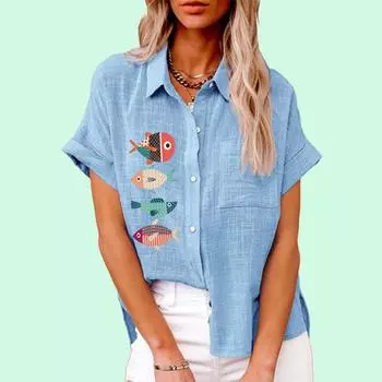 Женская модная футболка с рыбным принтом, повседневная летняя и осенняя футболка с воротником с лацканами, женские свободные льняные блузки с короткими рукавами и карманом S белый