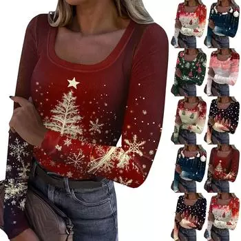 Женская модная футболка с тонким низом, рождественский принт, пуловер с U-образным вырезом и длинными рукавами L