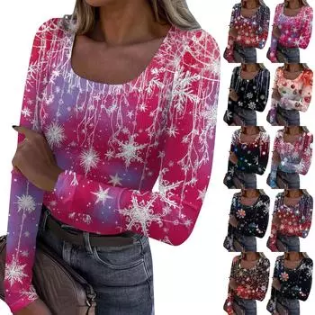 Женская модная футболка с тонким низом, рождественский принт, пуловер с U-образным вырезом и длинными рукавами L чёрный