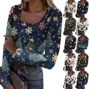 Женская модная футболка с тонким низом, рождественский принт, пуловер с U-образным вырезом и длинными рукавами XXL синий
