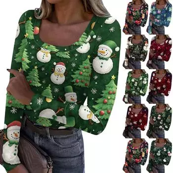 Женская модная футболка с тонким низом, рождественский принт, пуловер с U-образным вырезом и длинными рукавами S