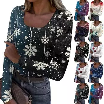 Женская модная футболка с тонким низом, рождественский принт, пуловер с U-образным вырезом и длинными рукавами M чёрный