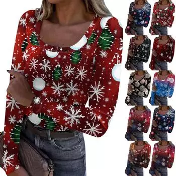 Женская модная футболка с тонким низом, рождественский принт, пуловер с U-образным вырезом и длинными рукавами XXL