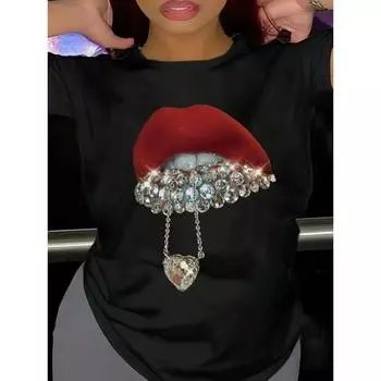 Женская модная футболка с узором в виде красных губ и кулона в виде сердца, повседневная футболка с круглым вырезом и художественным узором в виде красных губ с драгоценными камнями S