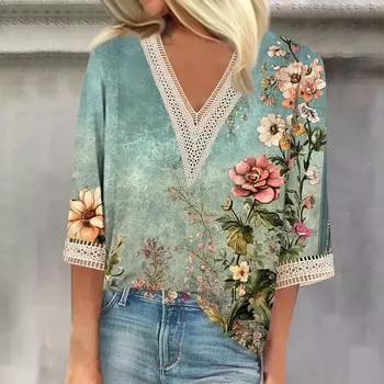 Женская модная футболка с V-образным вырезом и кружевным винтажным цветочным принтом, повседневный топ с семью рукавами L синий