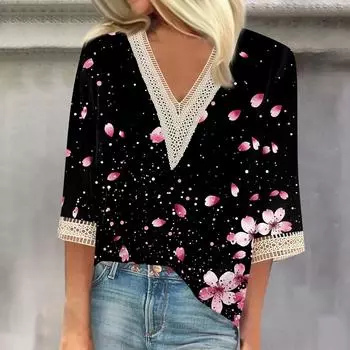 Женская модная футболка с V-образным вырезом и кружевным винтажным цветочным принтом, повседневный топ с семью рукавами L чёрный
