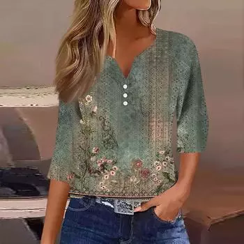 Женская модная футболка с V-образным вырезом, пуговицами, семью рукавами, повседневный топ с цветочным принтом L