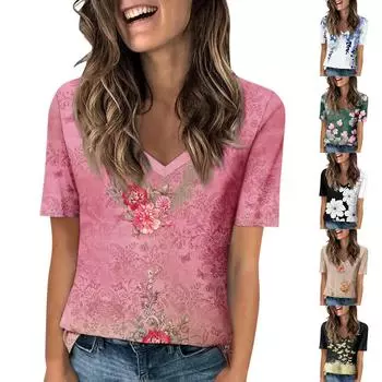 Женская модная футболка с v-образным вырезом и короткими рукавами, повседневная футболка с принтом