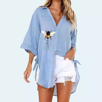 Женская модная футболка с v-образным вырезом больших размеров, летняя осень, свободные блузки с рыбным принтом, футболка с половиной рукава, женская повседневная длинная рубашка на пуговицах S белый