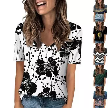 Женская модная футболка с v-образным вырезом и короткими рукавами, повседневная футболка с принтом
