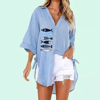 Женская модная футболка с v-образным вырезом больших размеров, летняя осень, свободные блузки с рыбным принтом, футболка с половиной рукава, женская повседневная длинная рубашка на пуговицах S белый