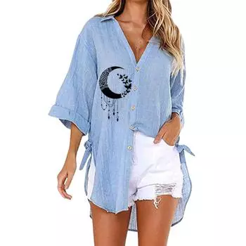 Женская модная футболка с v-образным вырезом и половиной рукавом, летняя и осенняя повседневная рубашка с принтом, рубашка на пуговицах, свободные длинные блузки S белый