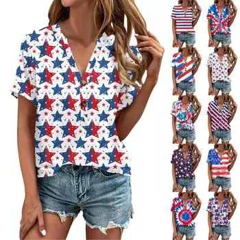 Женская модная футболка с v-образным вырезом и пуговицами на день независимости с коротким рукавом и нижней частью, топ L синий